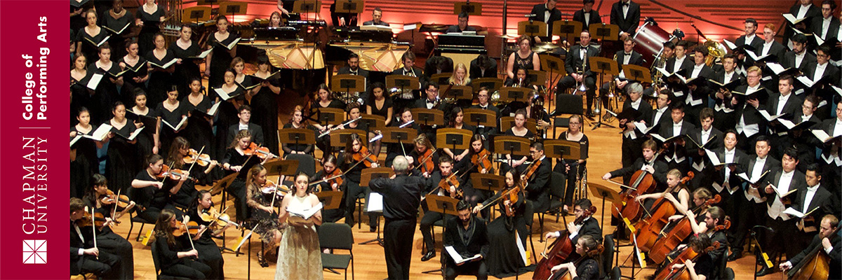Chapman University College of Performing Arts written to the left side of an image of the Chapman Orchestra, a Conductor, and a singer on stage.